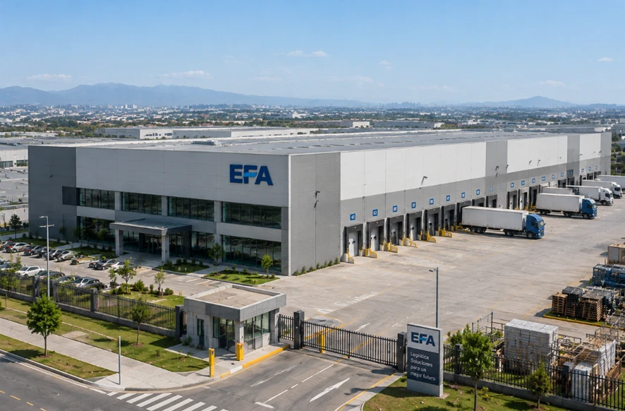 Vista exterior de un centro logístico con la marca EFA