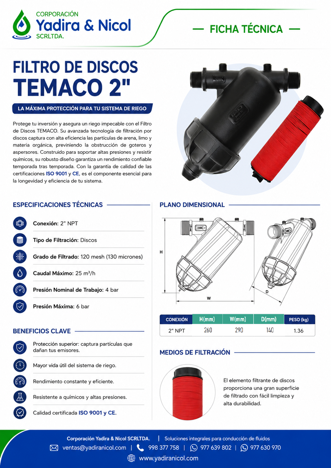 FILTRO DE DISCOS TEE 2″ DISK 120 MESH NPT TEMACO