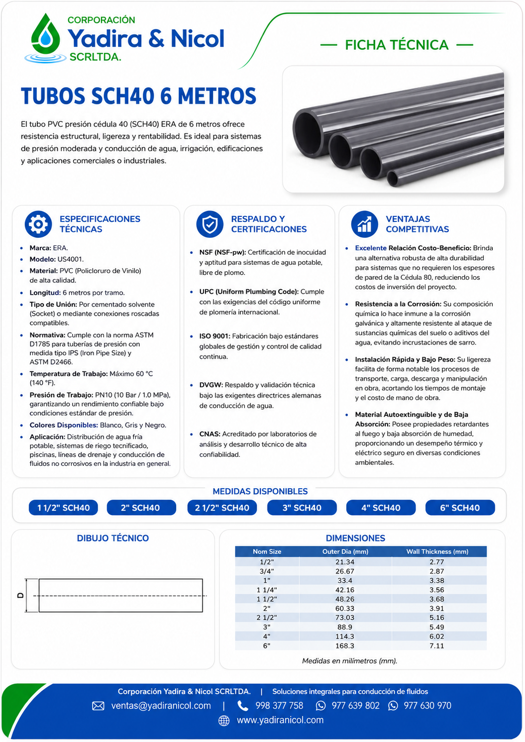 TUBO X 6 METROS A PRESIÓN PVC SCH-40 ERA