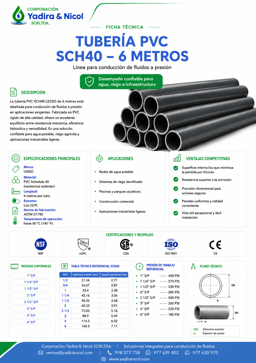 TUBO X 6 MTS A PRESIÓN PVC SCH-40 LESSO