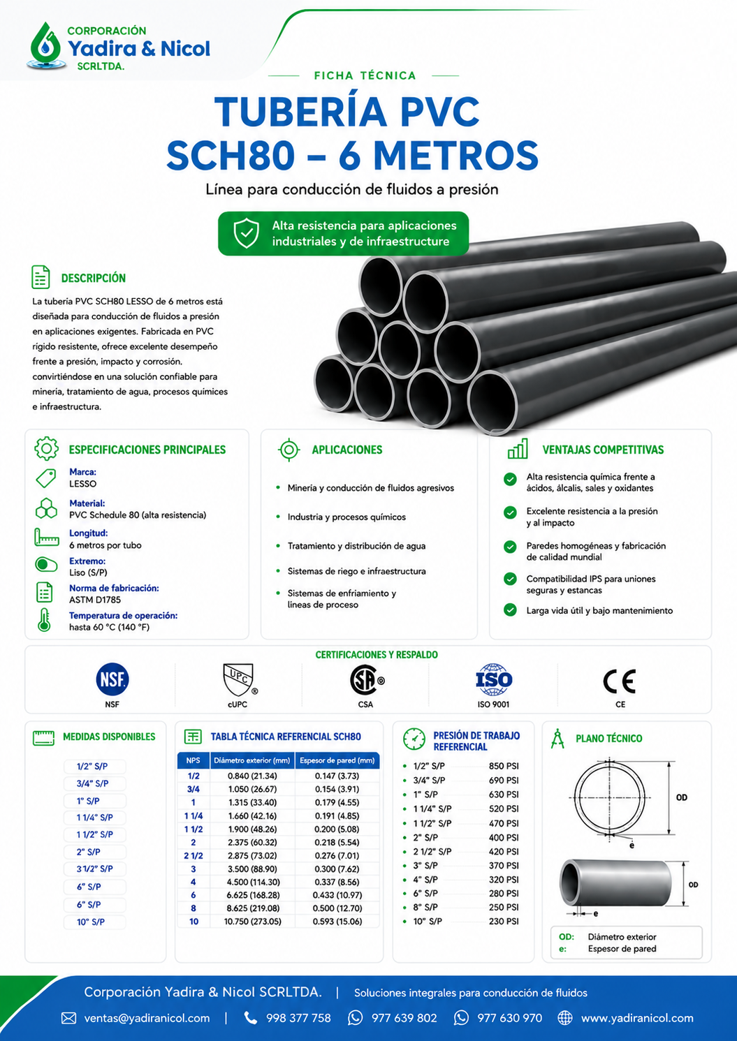 TUBO X 6 MTS A PRESIÓN PVC SCH-80 LESSO