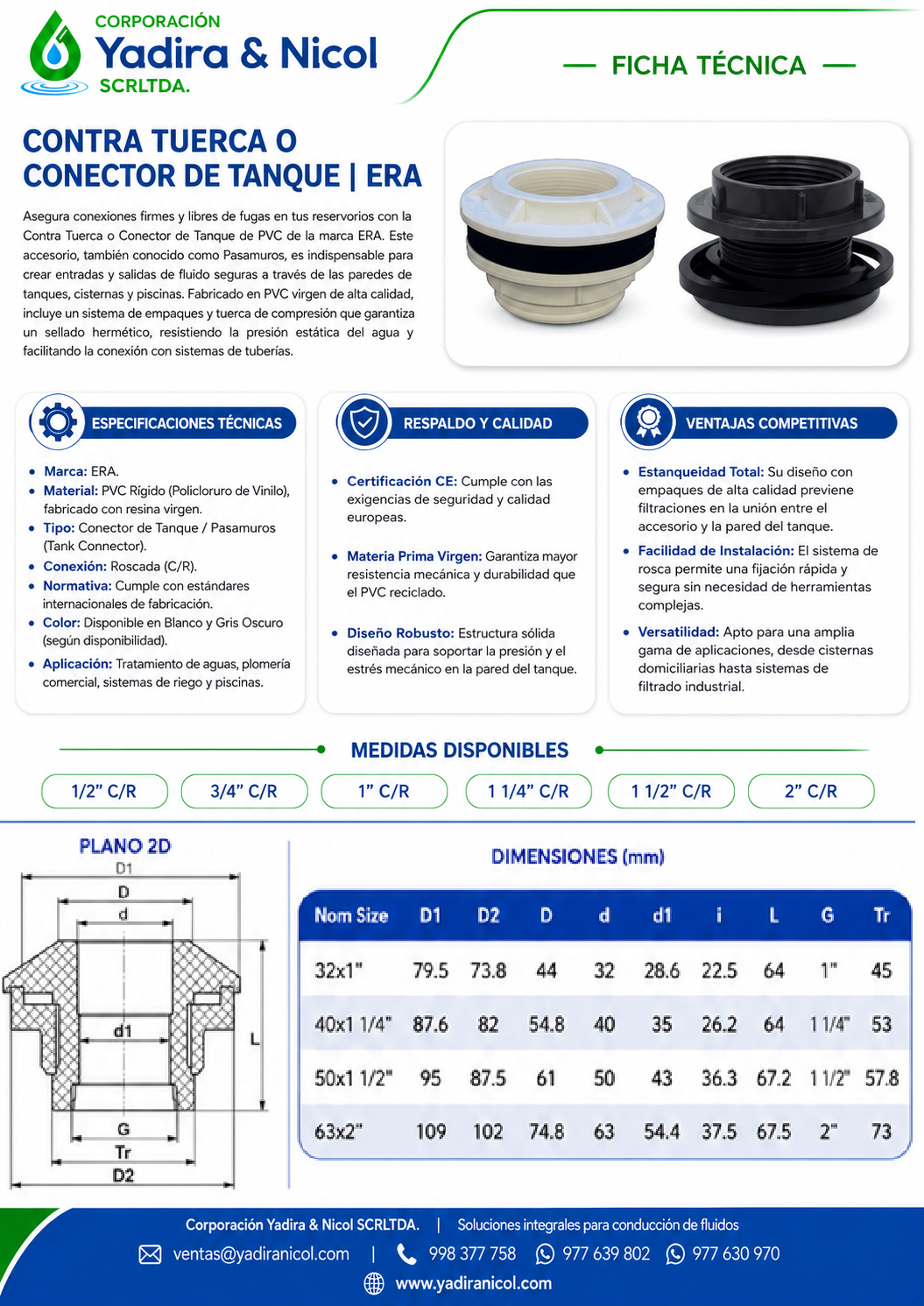 CONTRATUERCA O CONECTOR GRIS DE TANQUE PVC ERA