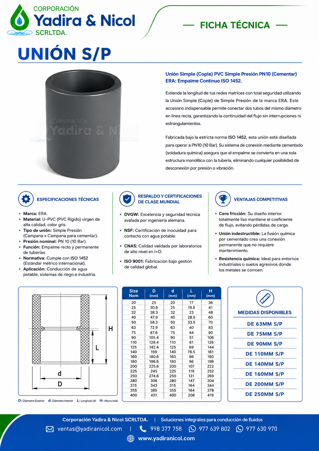 UNIÓN SIMPLE A PRESIÓN DIN PVC ERA