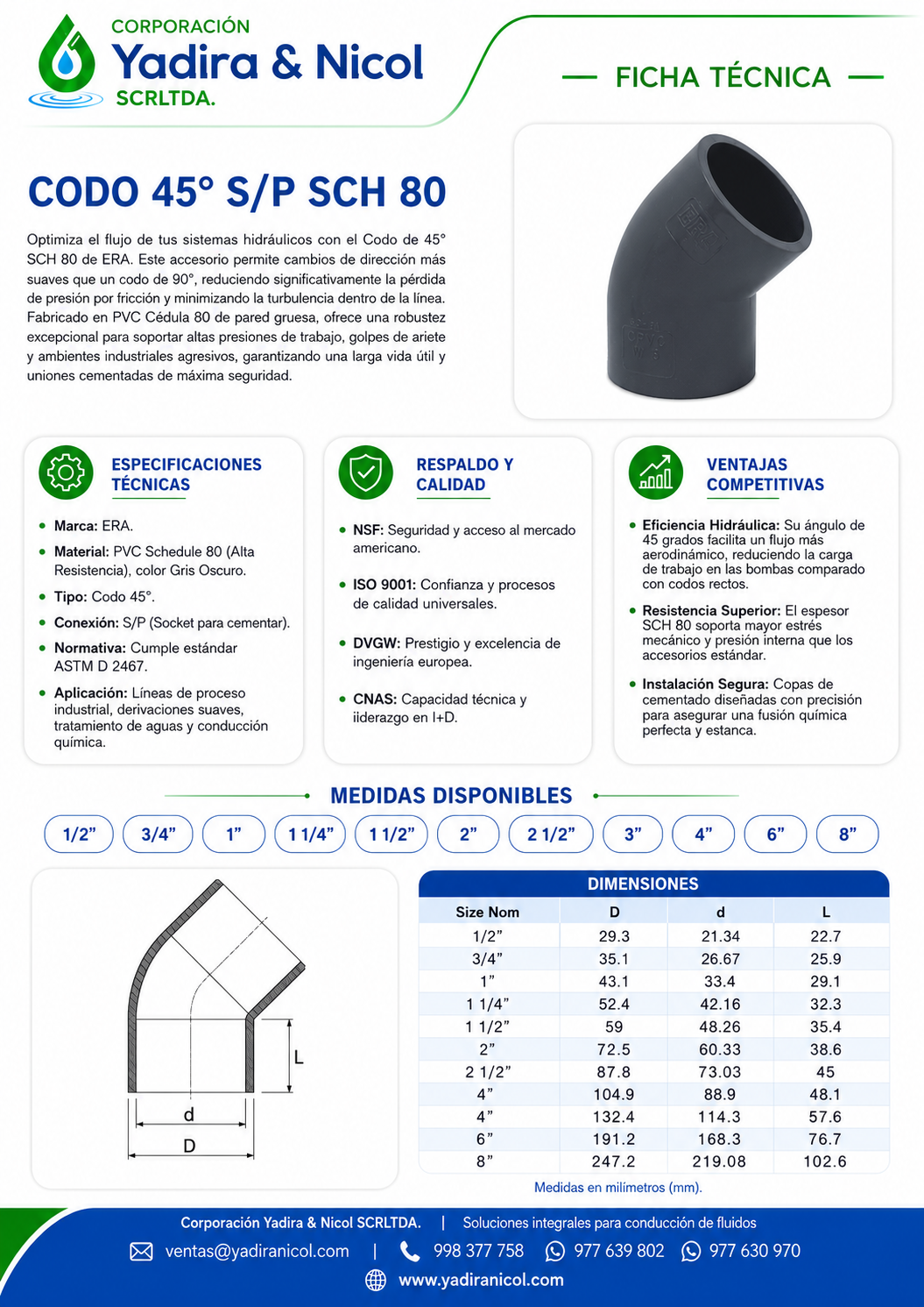 CODO DE 45° A PRESIÓN PVC SCH-80 ERA