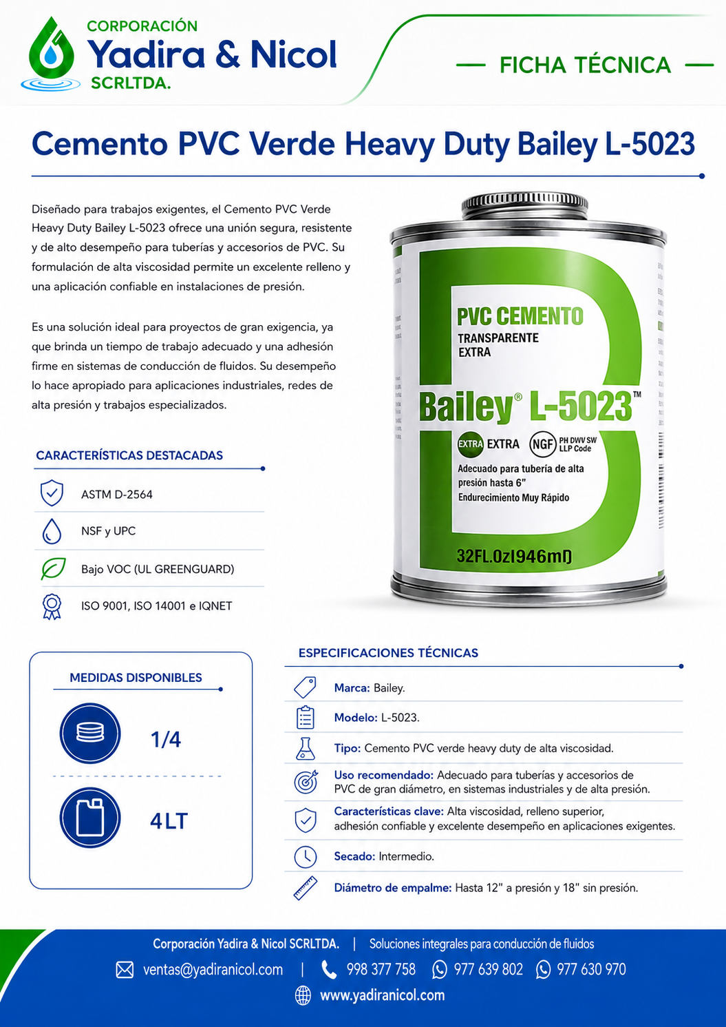 PEGAMENTO PVC CEMENTO VERDE L-5023 BAILEY