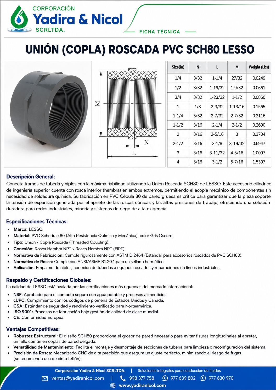 UNIÓN SIMPLE CON ROSCA PVC SCH-80 LESSO