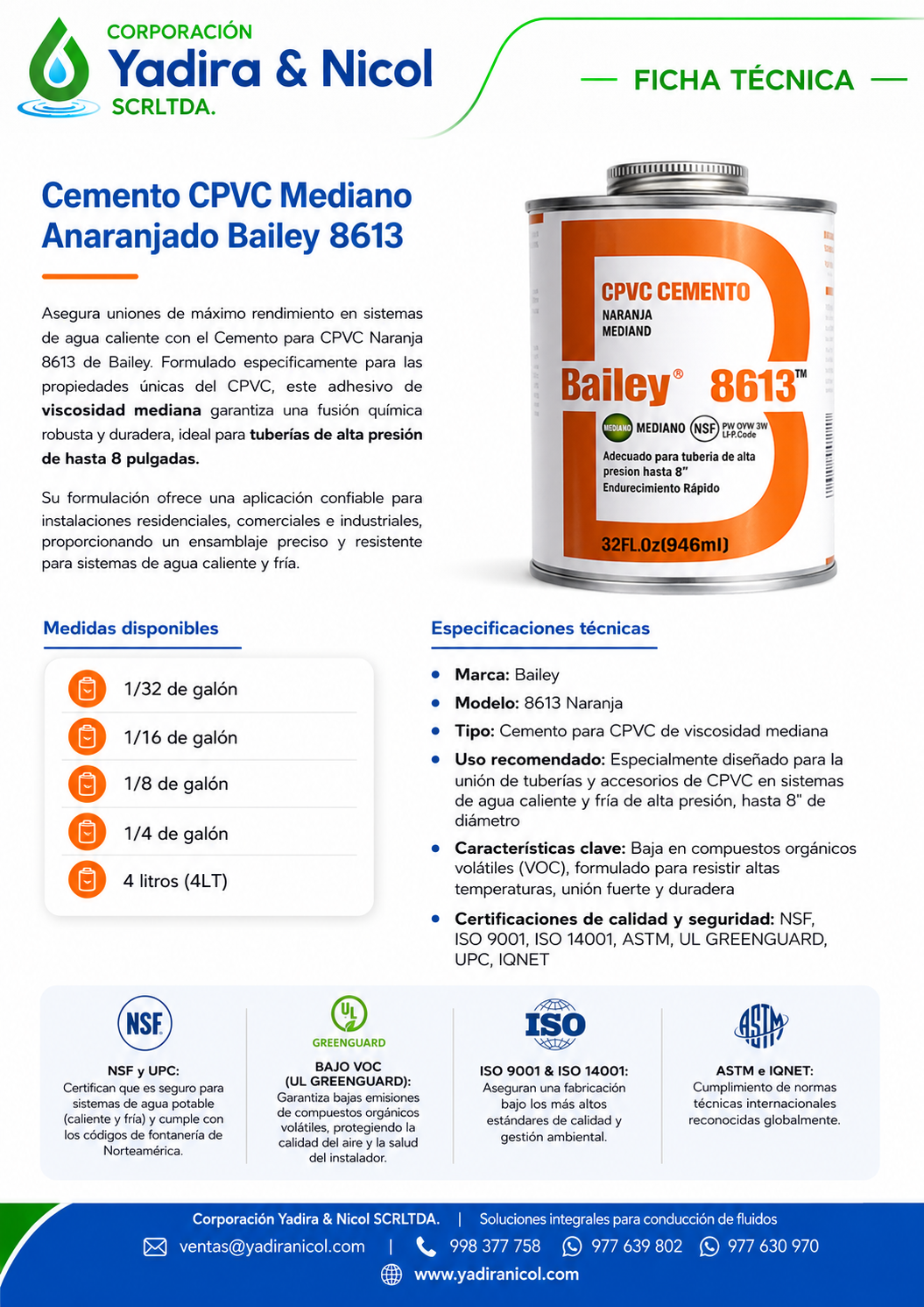 PEGAMENTO CPVC CEMENTO NARANJA 8613 BAILEY