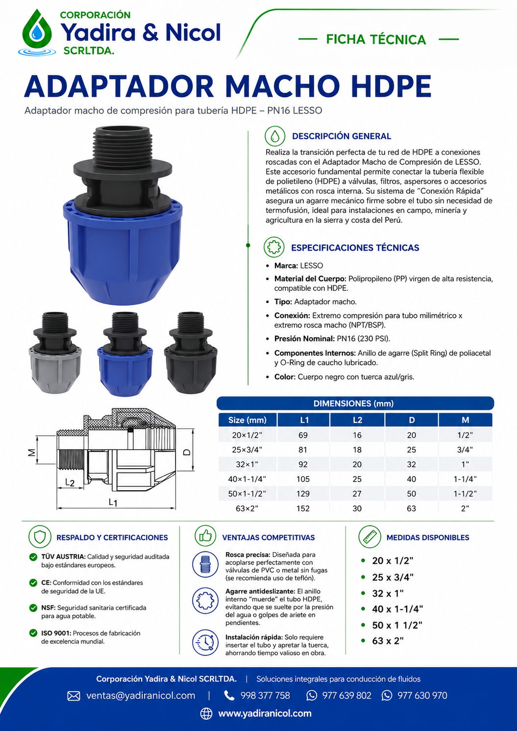 ADAPTADOR CON ROSCA MACHO HDPE MANGUERA LESSO
