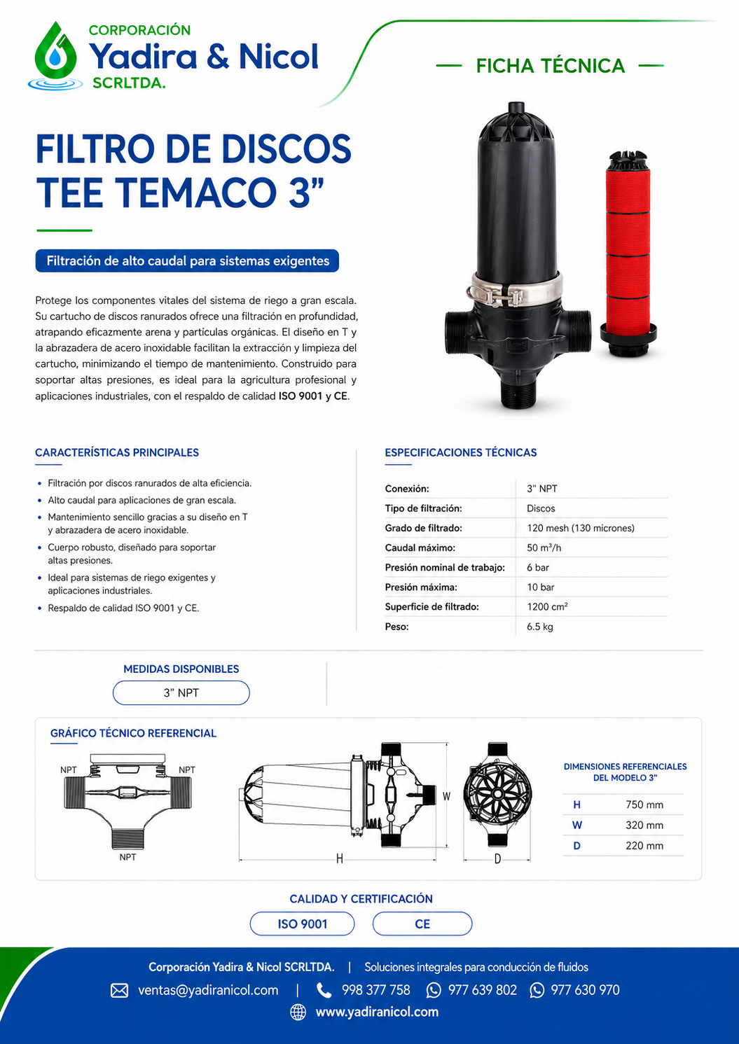 FILTRO DE DISCOS TEE 3″ DISK 120 MESH NPT TEMACO