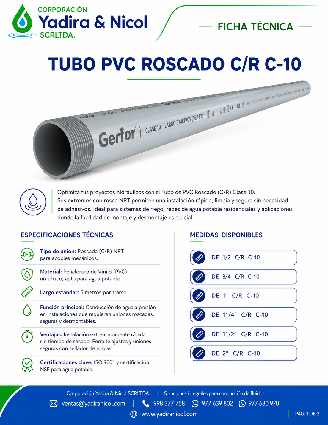 TUBO CON ROSCA CLASE-10 PVC GERFOR