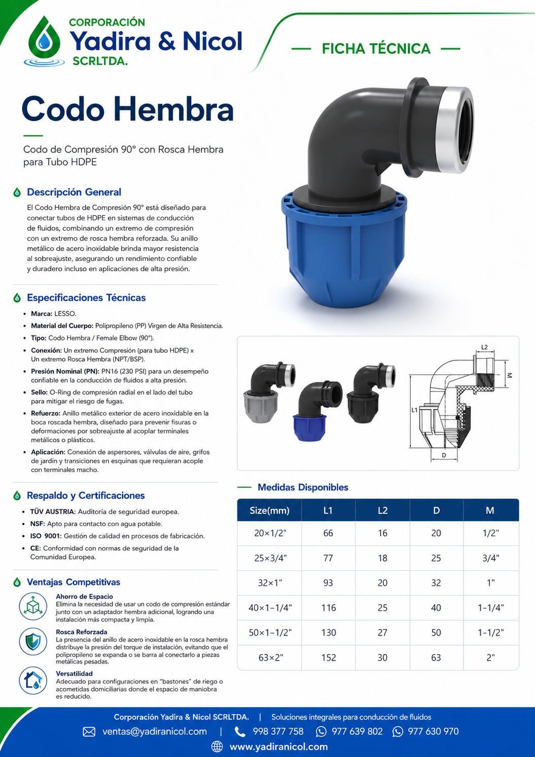 CODO 90° CON HEMBRA MACHO HDPE MANGUERA LESSO