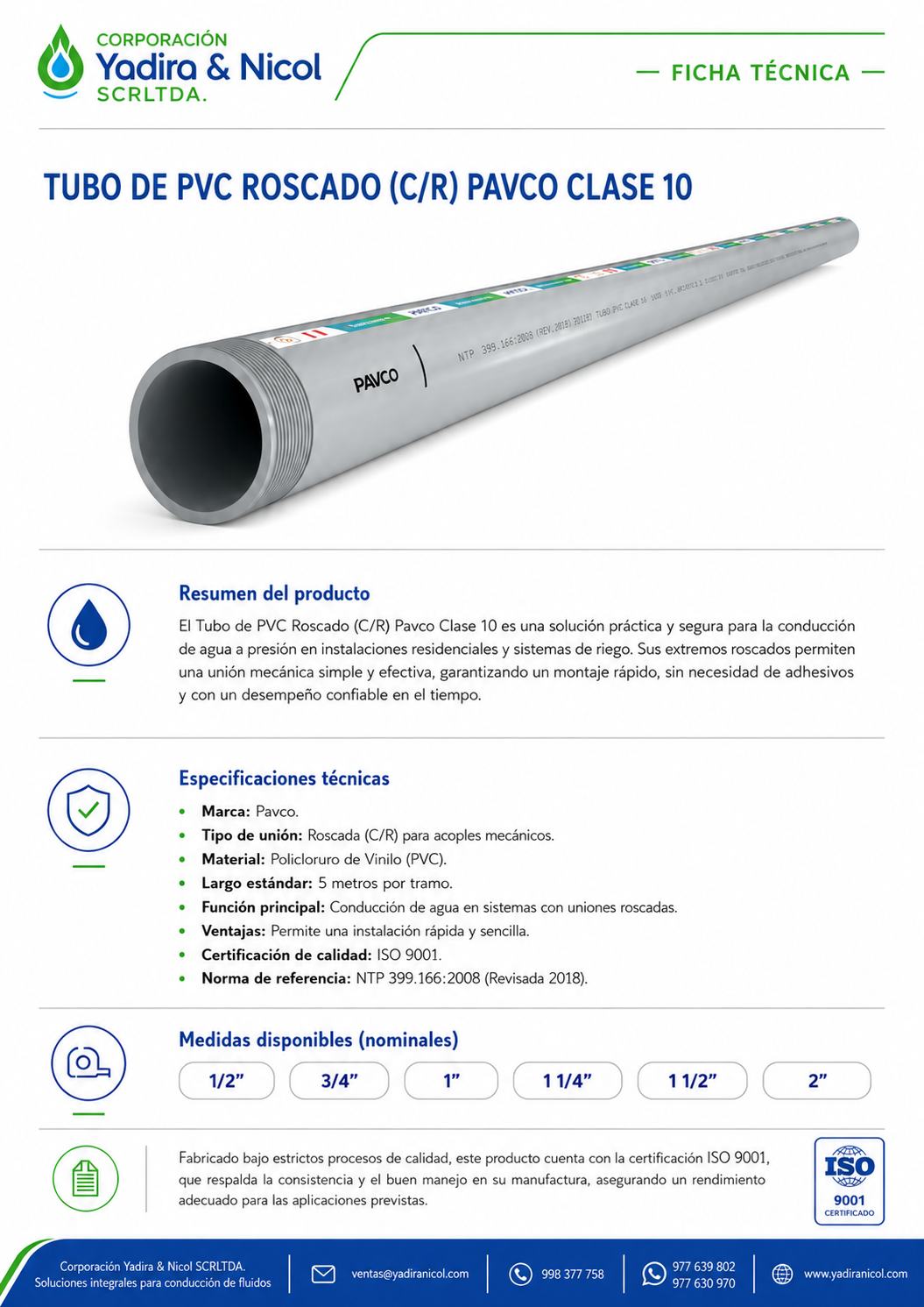 TUBO CON ROSCA CLASE-10 PVC PAVCO