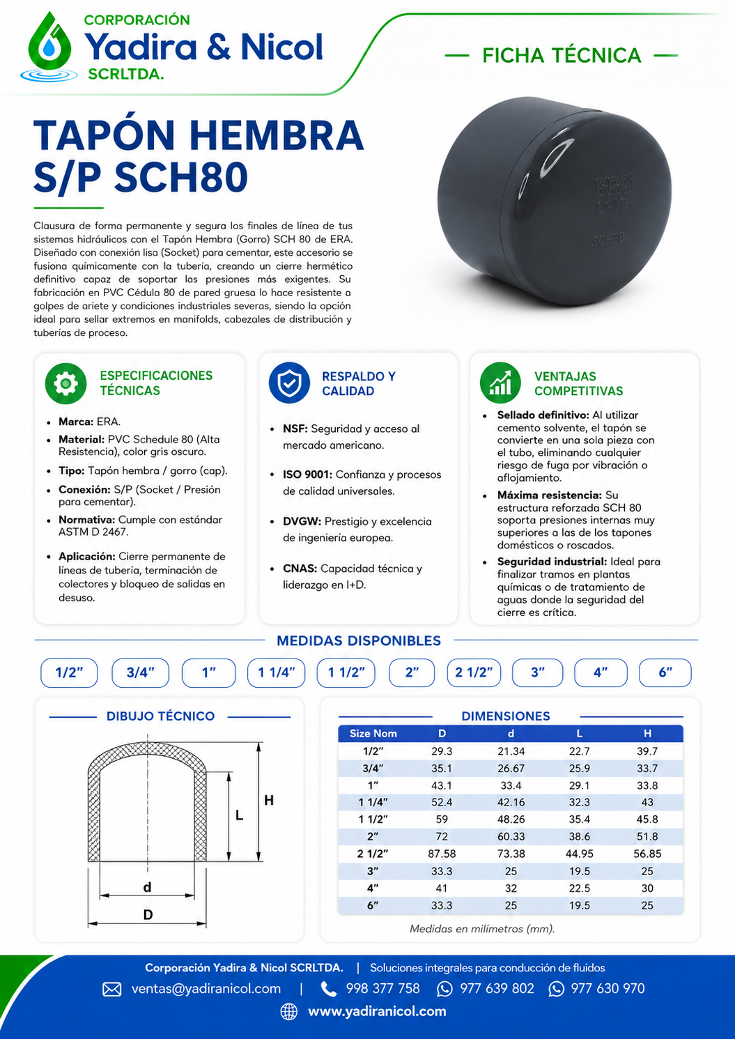 TAPON HEMBRA A PRESIÓN PVC SCH-80 ERA