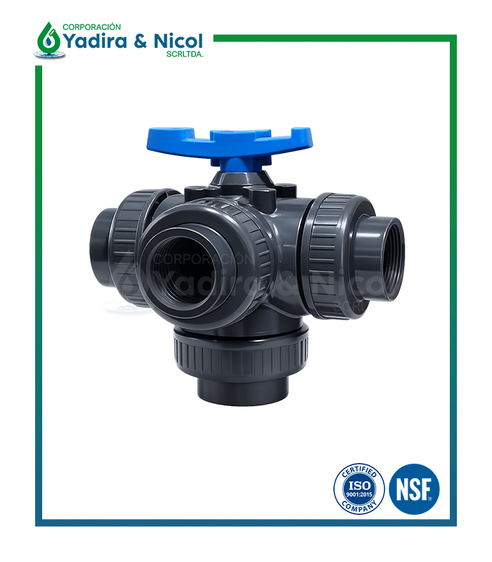 VÁLVULA DE TRES VIAS CON ROSCA PVC LD